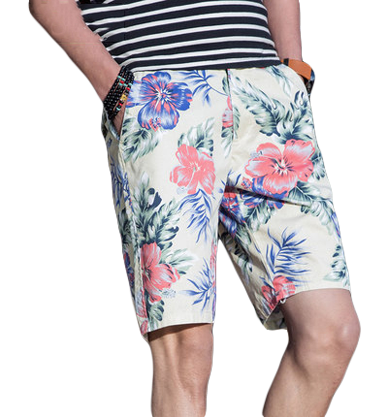 2023 Off-White Blue Floral Elegant Mens Summer Shorts | PILAEO